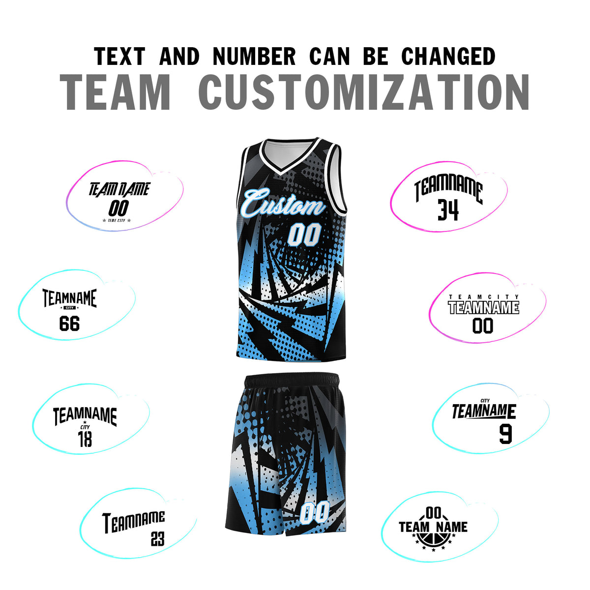 Custom Youth Basketball Jerseys Black Powder Blue Lightning Design Halftone Personalized Uniforms