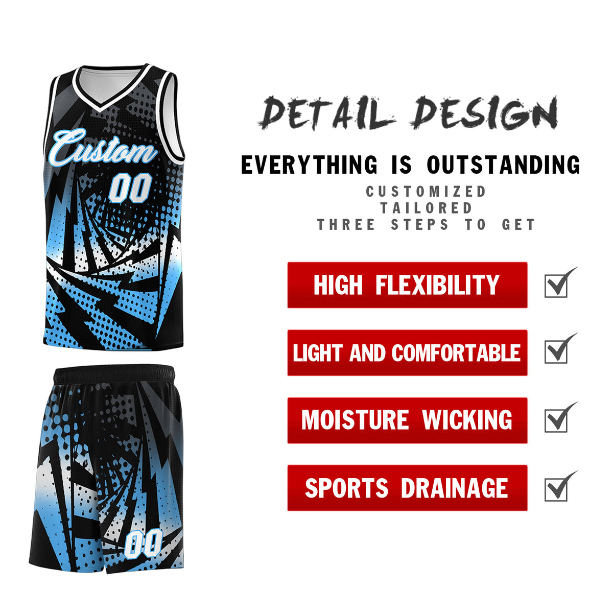 Custom Youth Basketball Jerseys Black Powder Blue Lightning Design Halftone Personalized Uniforms