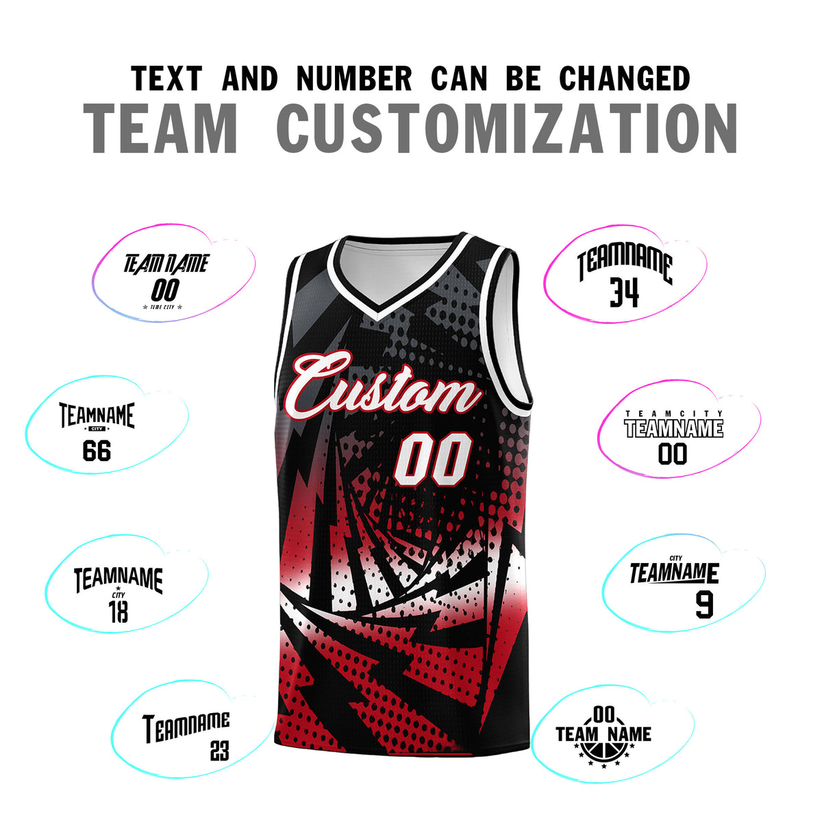 Custom Youth Basketball Jerseys Black Red Lightning Halftone Personalized Team Uniforms