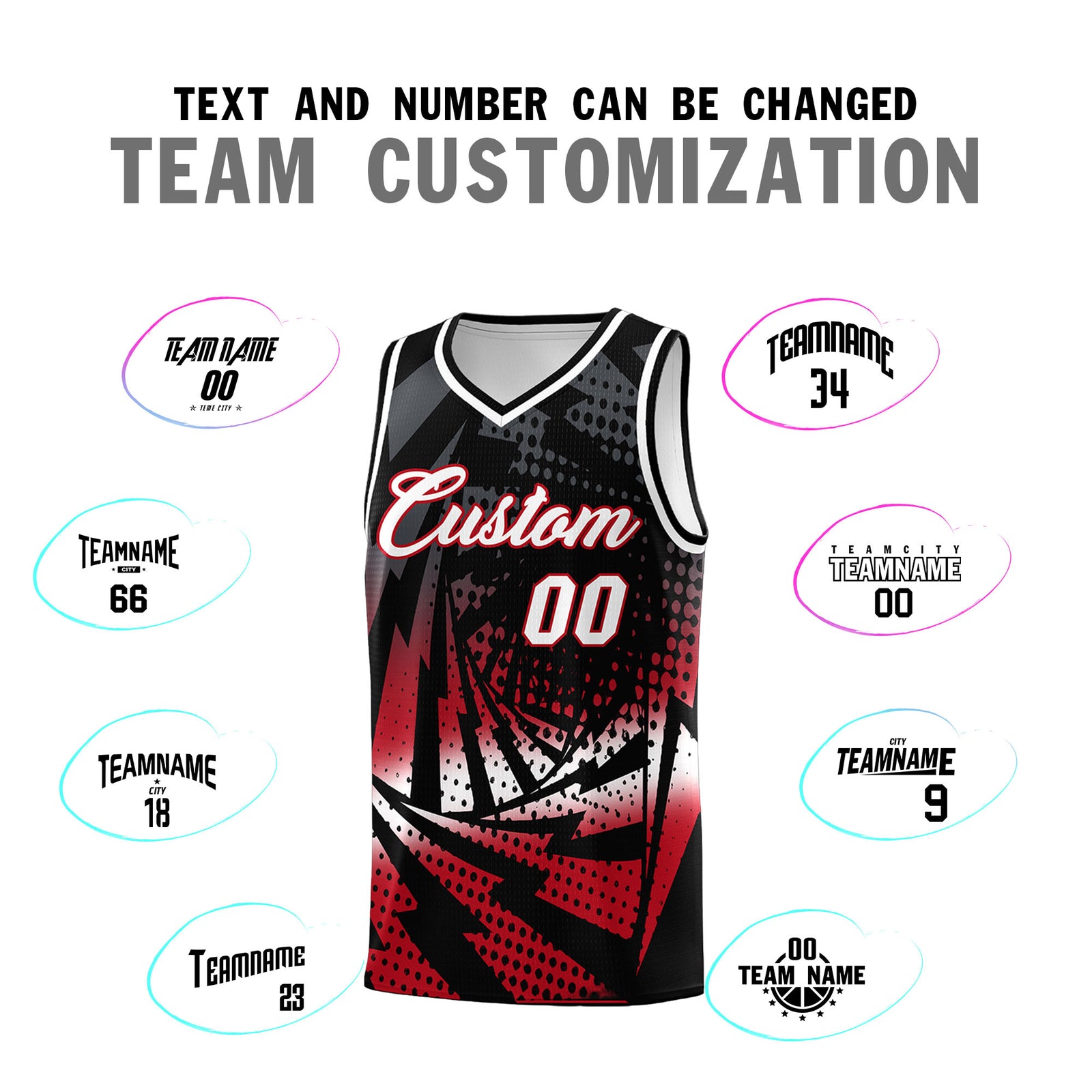 Custom Youth Basketball Jerseys Black Red Lightning Halftone Personalized Team Uniforms
