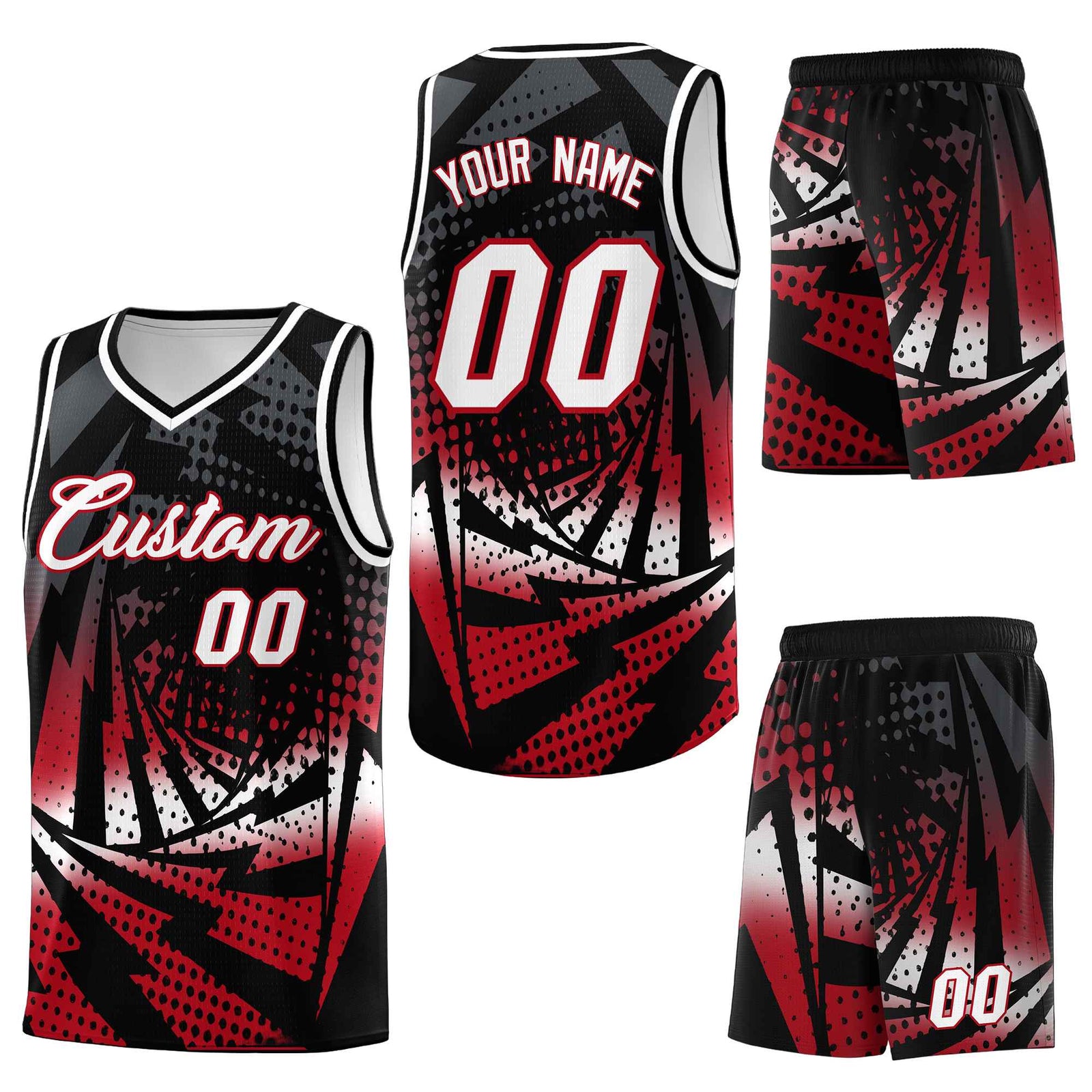 Custom Black Red Lightning Halftone Dot Design Quick-Drying Uniform Basketball Jersey