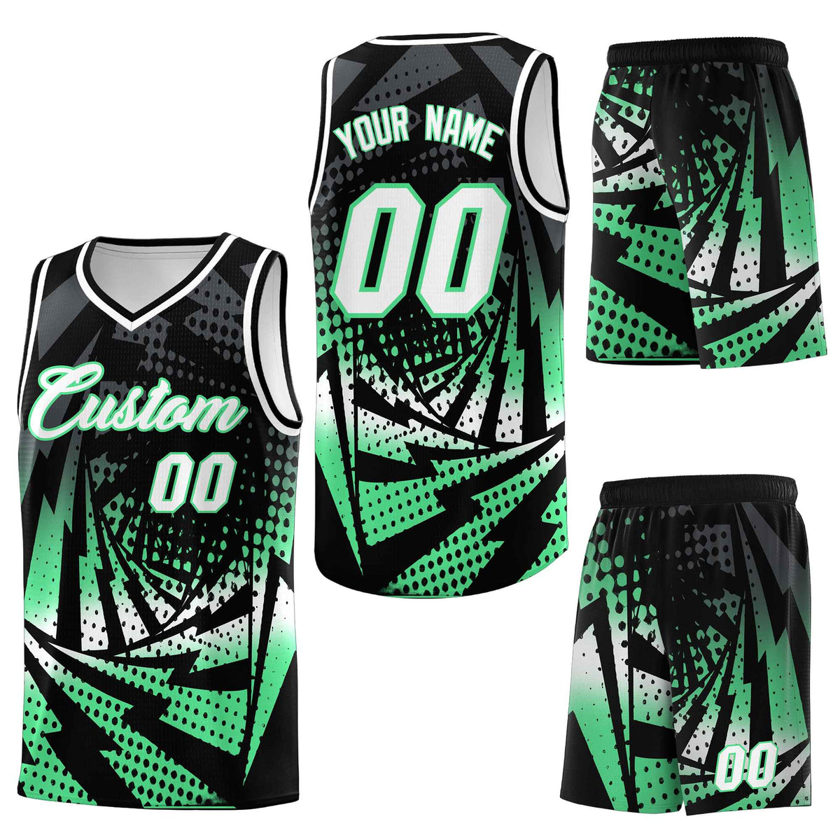 Custom Black Green Lightning Halftone Dot Design Lightweight Uniform Basketball Jersey