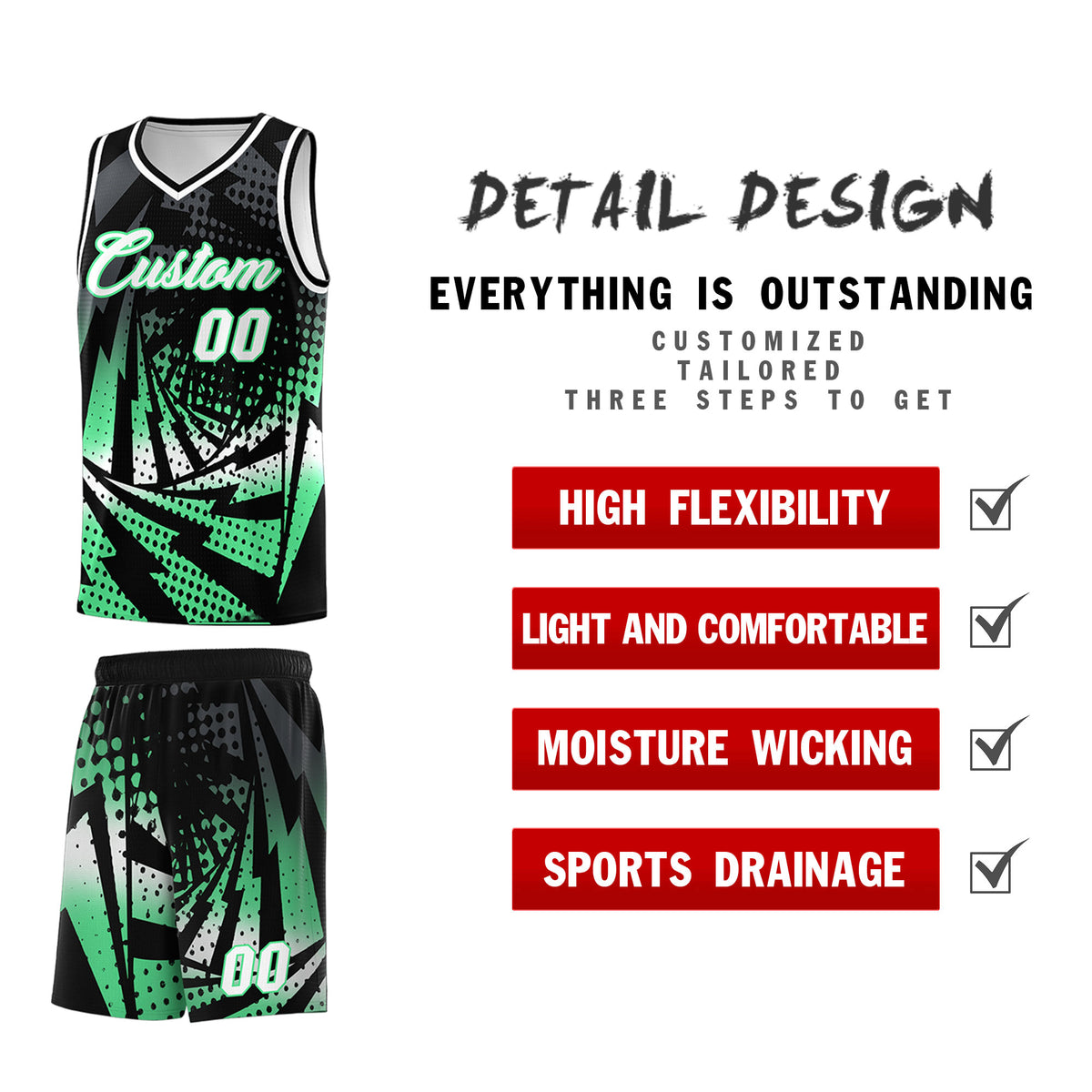 Custom Youth Basketball Jerseys Black Green Lightning Design Halftone Personalized Uniforms