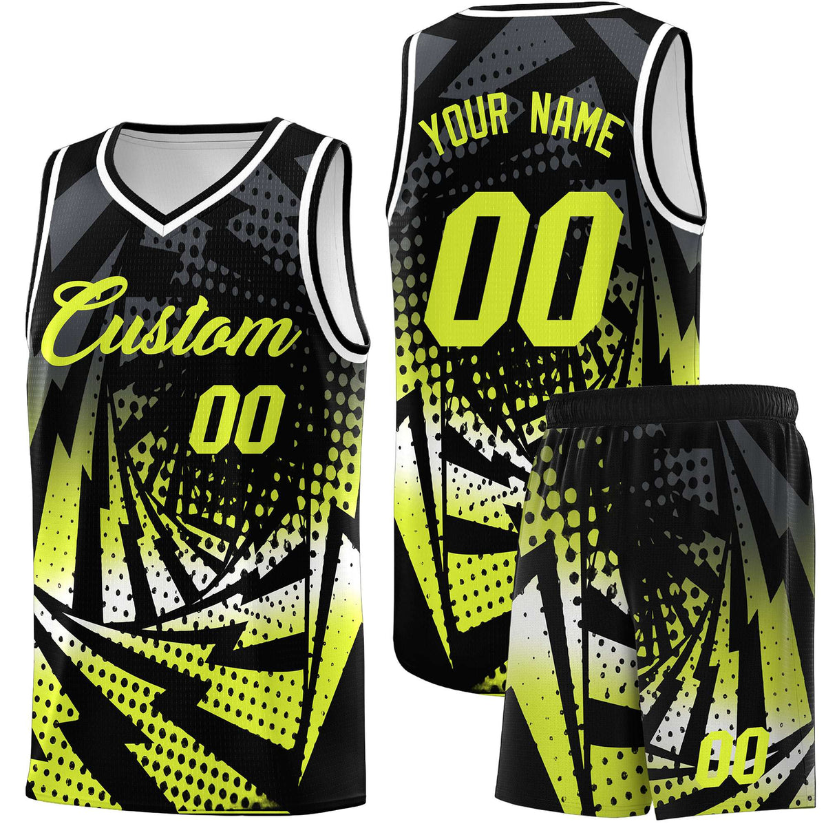Custom Youth Basketball Jerseys Black Fluorescent Green Lightning Halftone Personalized Team Uniforms