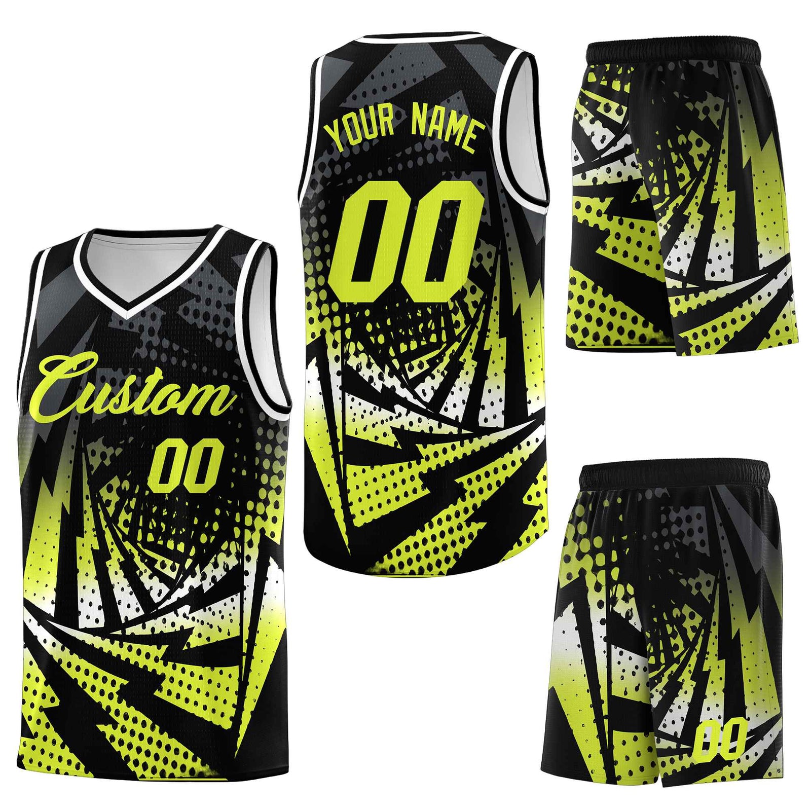 Custom Black Fluorescent Green Lightning Halftone Dot Design Wrinkle-Resistant Uniform Basketball Jersey