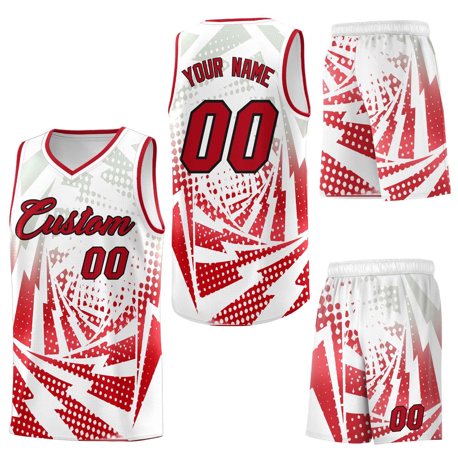 Custom White Red Lightning Halftone Dot Design Breathable Uniform Basketball Jersey