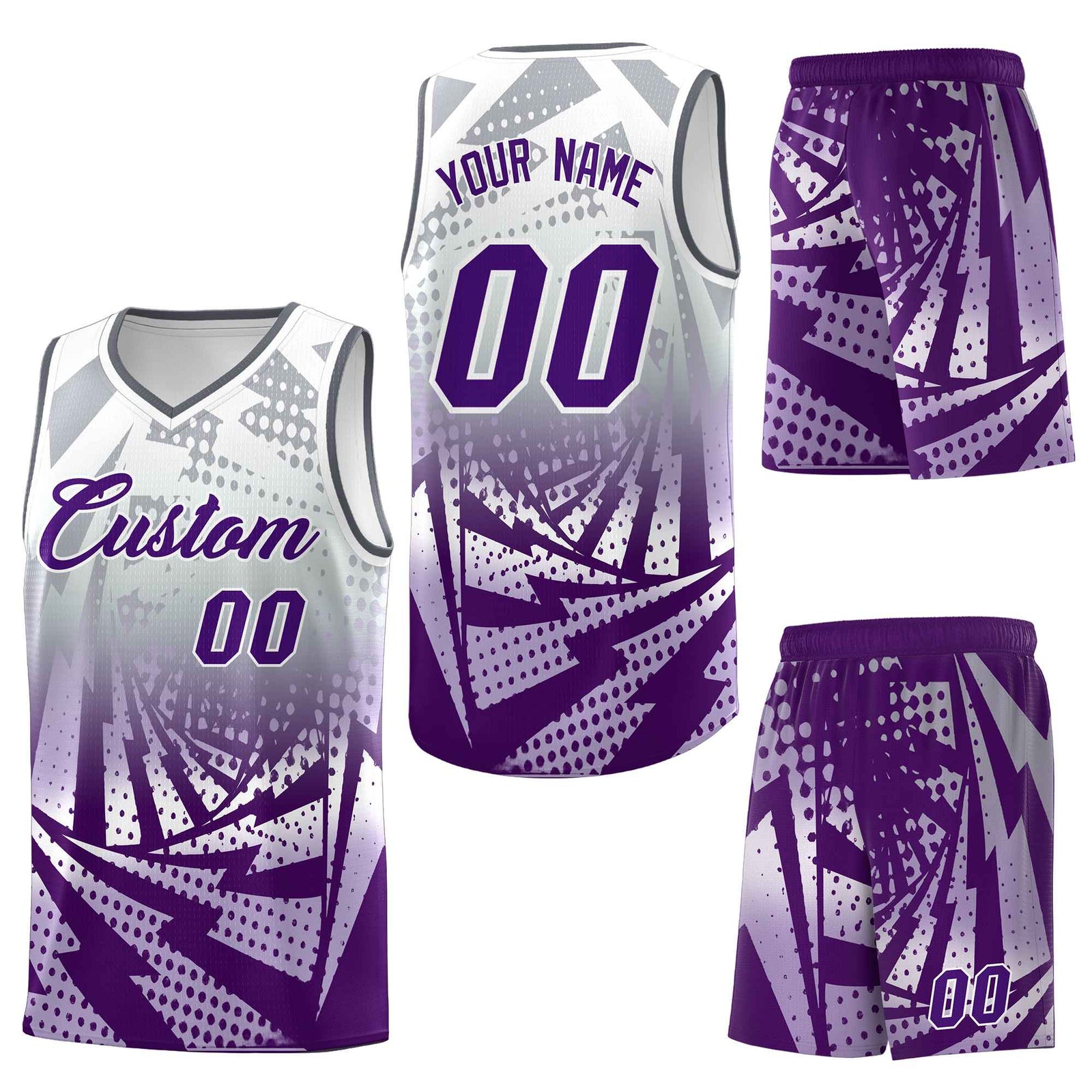 Custom Silver Gray Purple Lightning Halftone Dot Design Quick-Drying Uniform Basketball Jersey