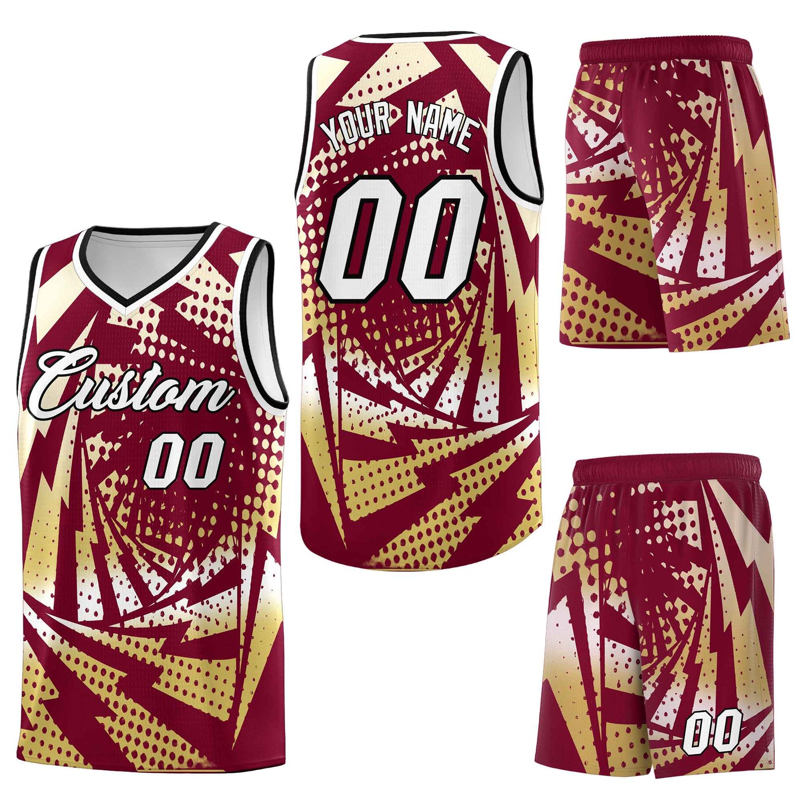 Custom Crimson Old Gold Lightning Halftone Dot Design Wrinkle-Resistant Uniform Basketball Jersey