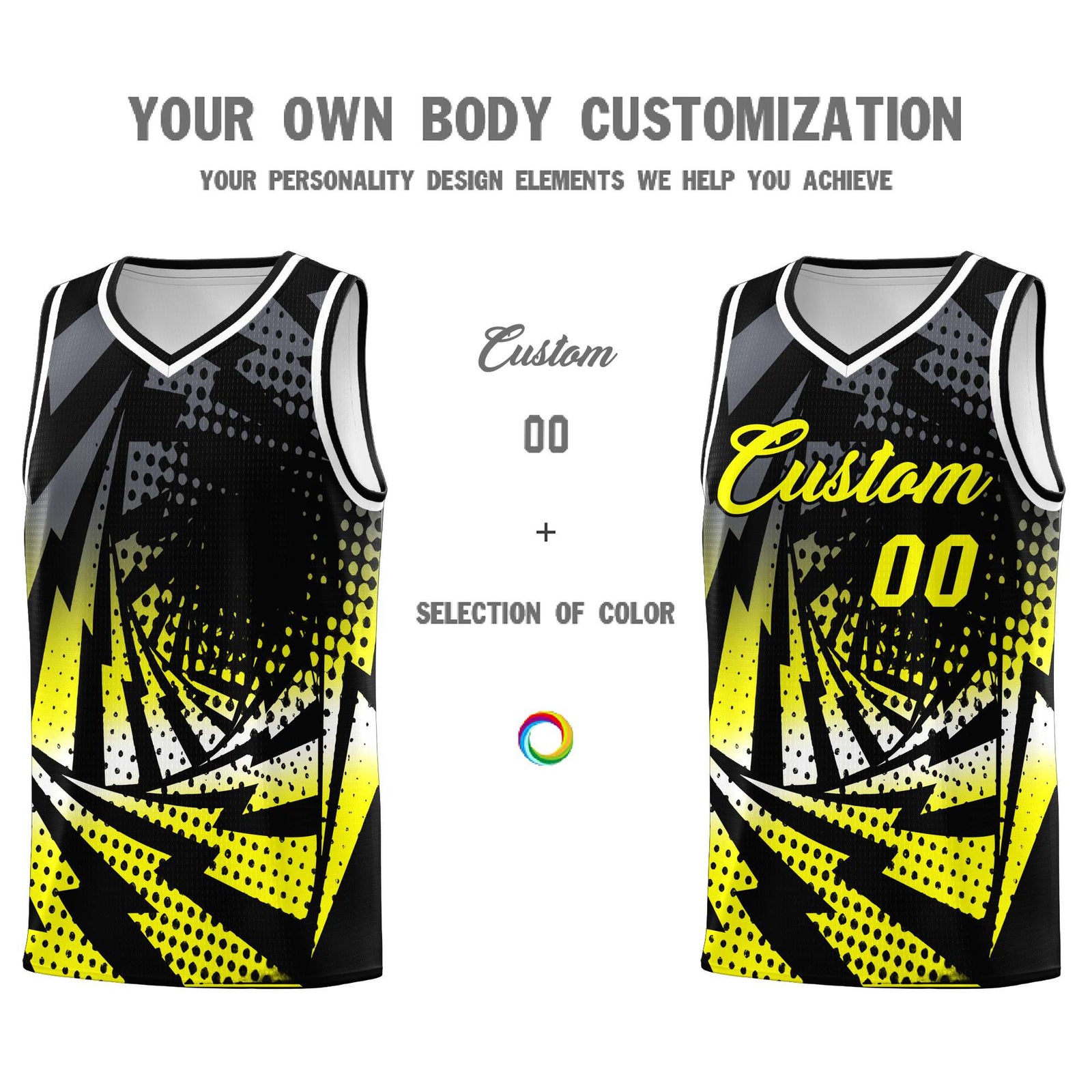 Custom Youth Basketball Jerseys Black Fluorescent Yellow Lightning Design Halftone Personalized Uniforms