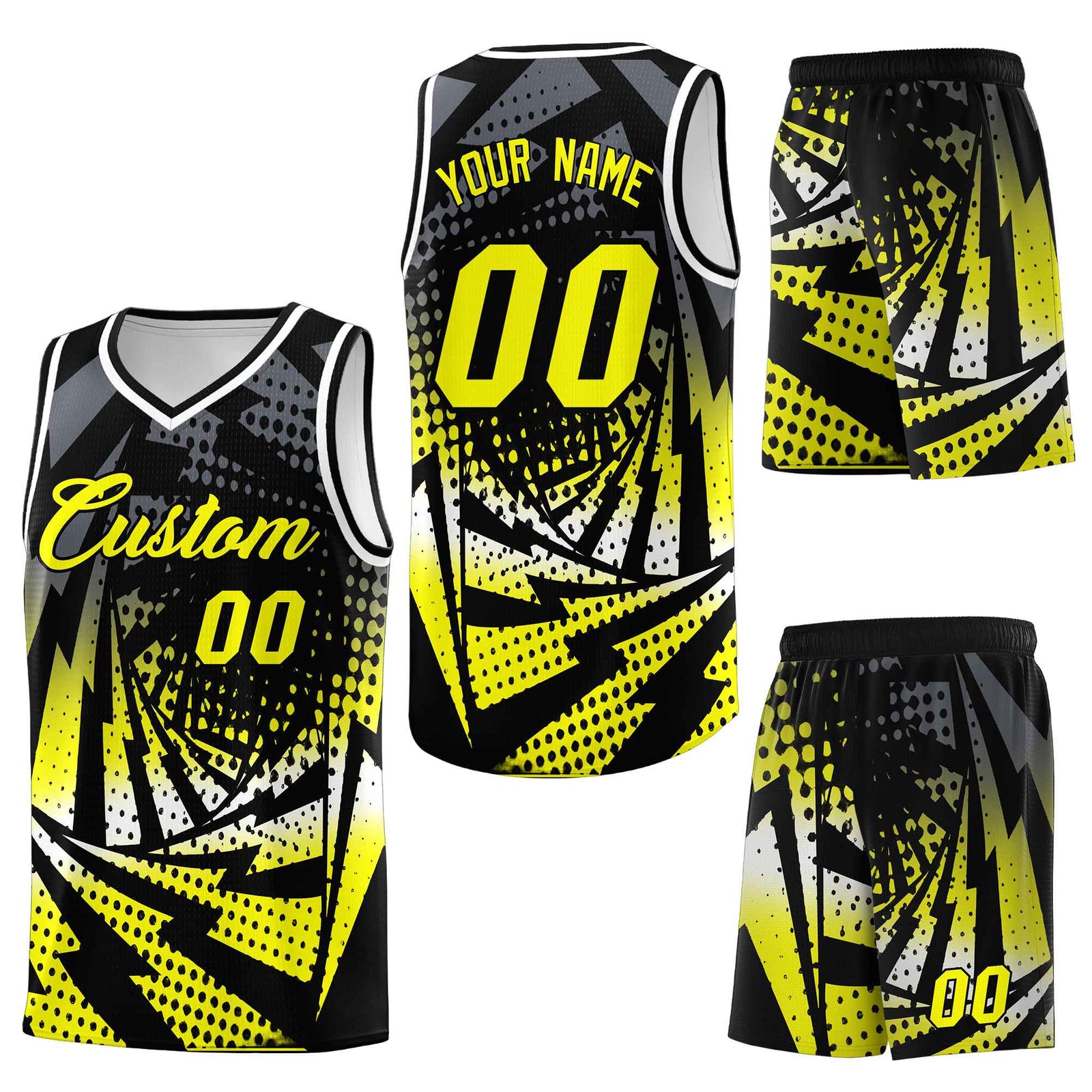 Custom Black Fluorescent Yellow Lightning Halftone Dot Design Breathable Uniform Basketball Jersey