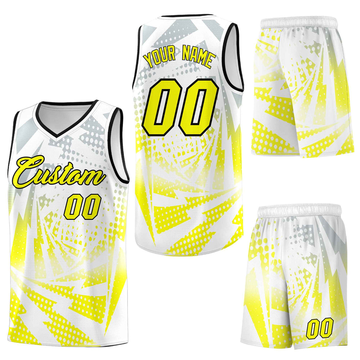 Custom White Fluorescent Yellow Lightning Halftone Dot Design Quick-Drying Uniform Basketball Jersey
