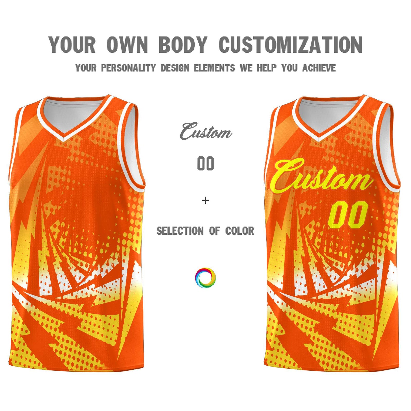 Custom Youth Basketball Jerseys Orange Gold Lightning Halftone Personalized Team Uniforms