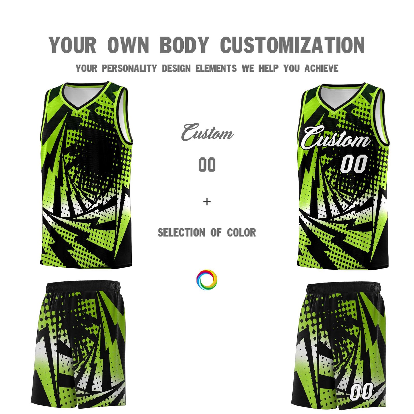 Custom Youth Basketball Jerseys Neon Green Black Lightning Halftone Personalized Team Uniforms