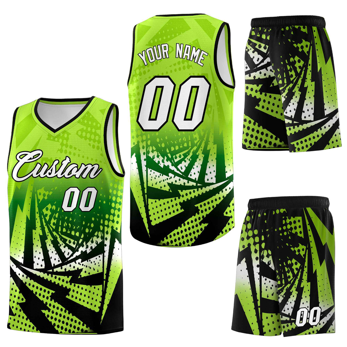 Custom Neon Green Black Lightning Halftone Dot Design Lightweight Uniform Basketball Jersey