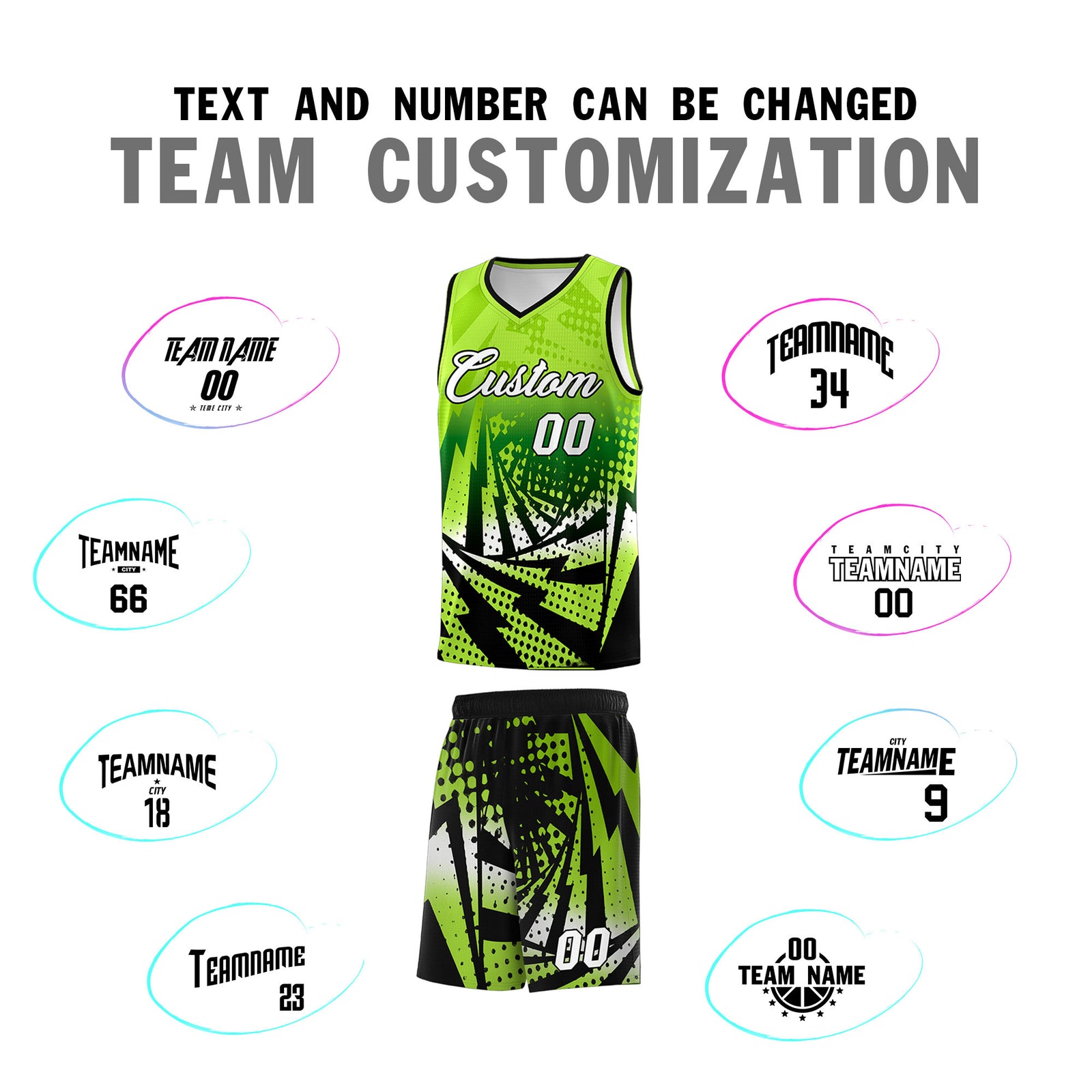 Custom Youth Basketball Jerseys Neon Green Black Lightning Halftone Personalized Team Uniforms