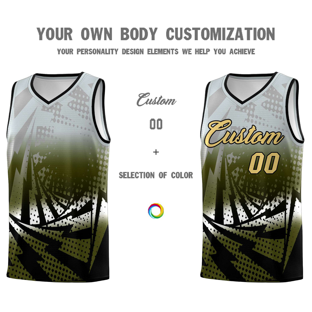 Custom Youth Basketball Jerseys Silver Gray Olive Lightning Design Halftone Personalized Uniforms