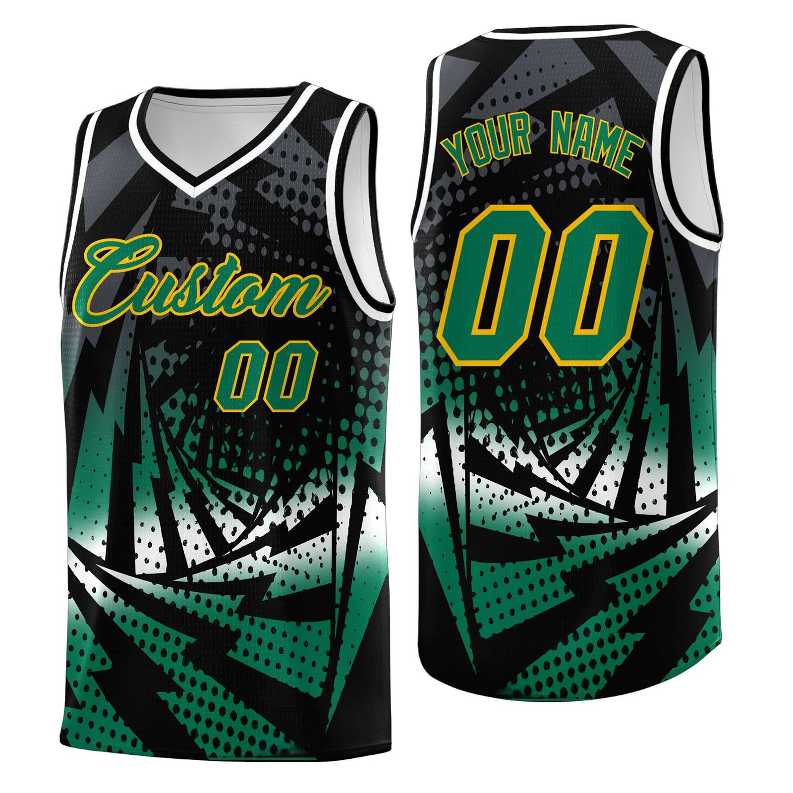 Custom Youth Basketball Jerseys Black Kelly Green Lightning Design Halftone Personalized Uniforms