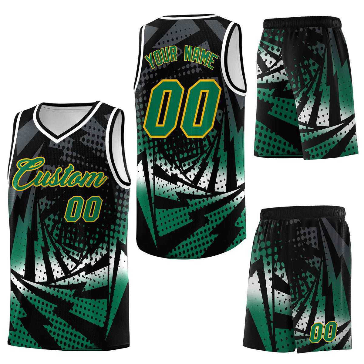 Custom Black Kelly Green Lightning Halftone Dot Design Breathable Uniform Basketball Jersey