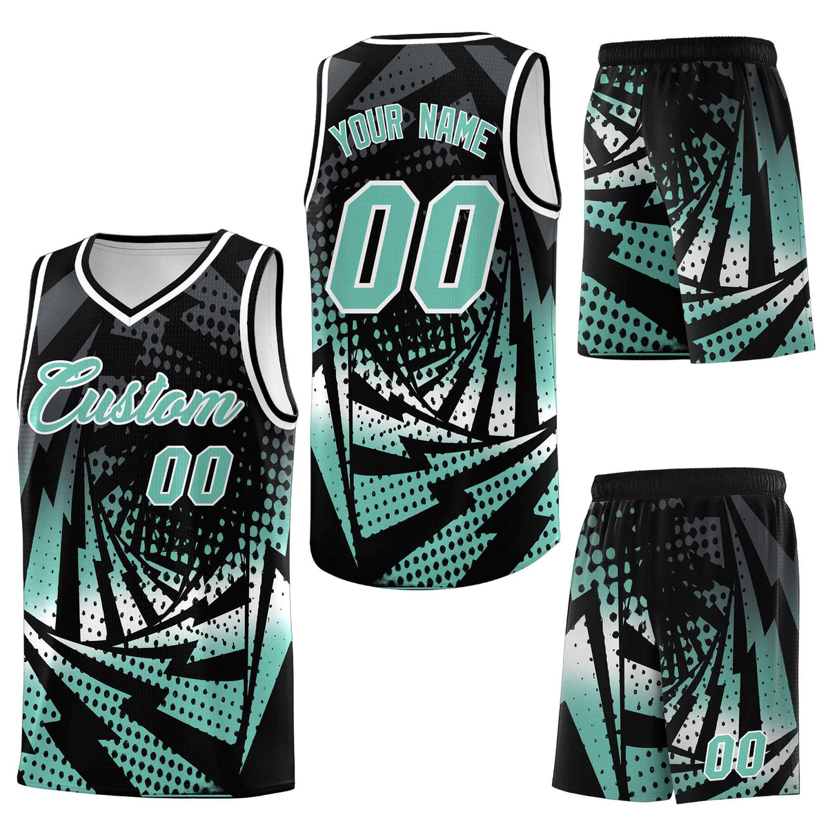 Custom Black Bright Green Lightning Halftone Dot Design Quick-Drying Uniform Basketball Jersey