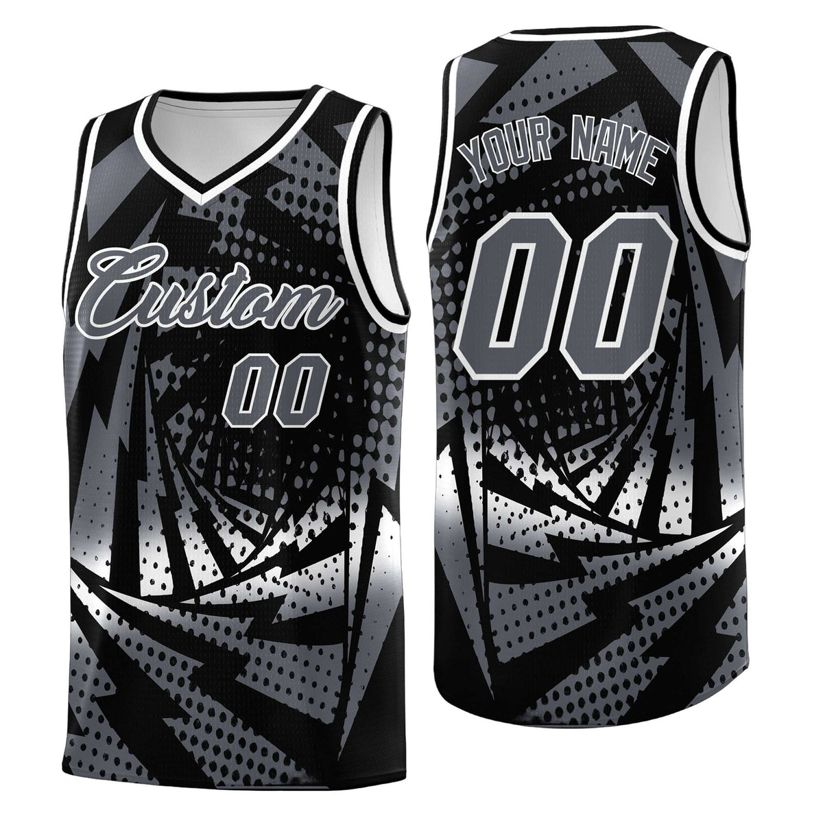 Custom Youth Basketball Jerseys Black Dark Gray Lightning Design Halftone Personalized Uniforms