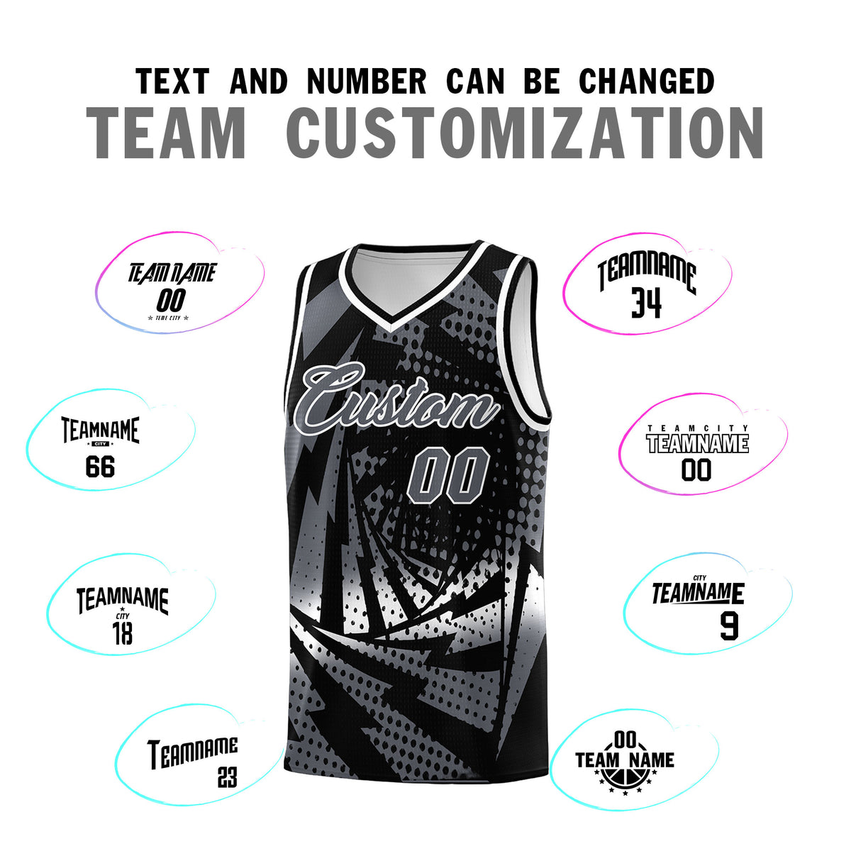 Custom Youth Basketball Jerseys Black Dark Gray Lightning Design Halftone Personalized Uniforms