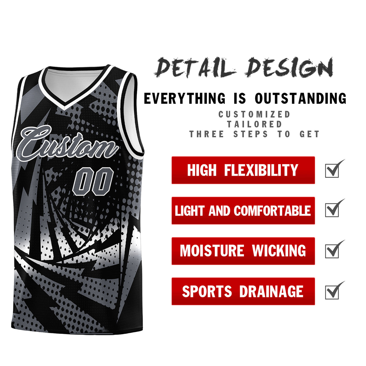 Custom Youth Basketball Jerseys Black Dark Gray Lightning Design Halftone Personalized Uniforms
