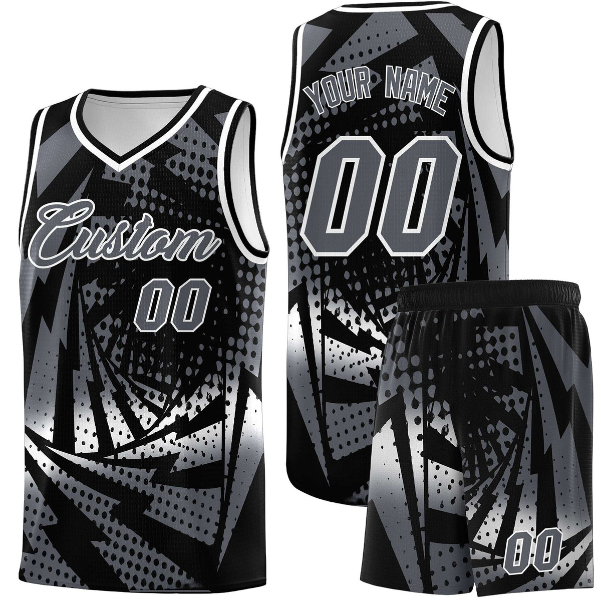 Custom Youth Basketball Jerseys Black Dark Gray Lightning Design Halftone Personalized Uniforms