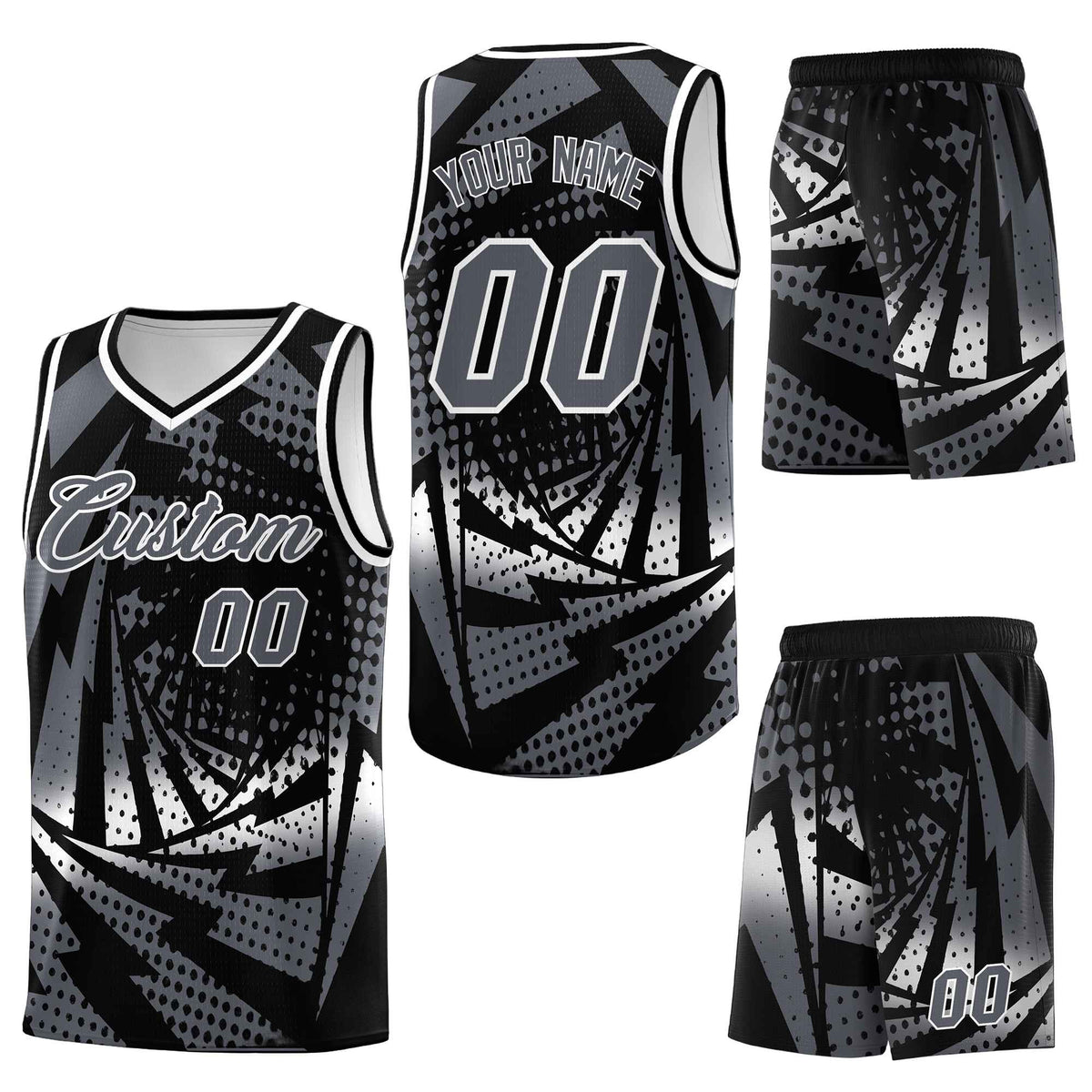 Custom Black Dark Gray Lightning Halftone Dot Design Lightweight Uniform Basketball Jersey