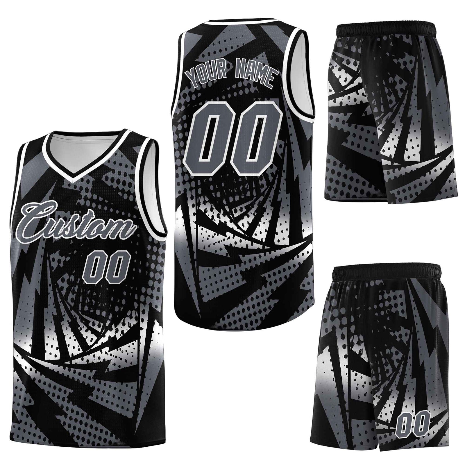 Custom Black Dark Gray Lightning Halftone Dot Design Lightweight Uniform Basketball Jersey