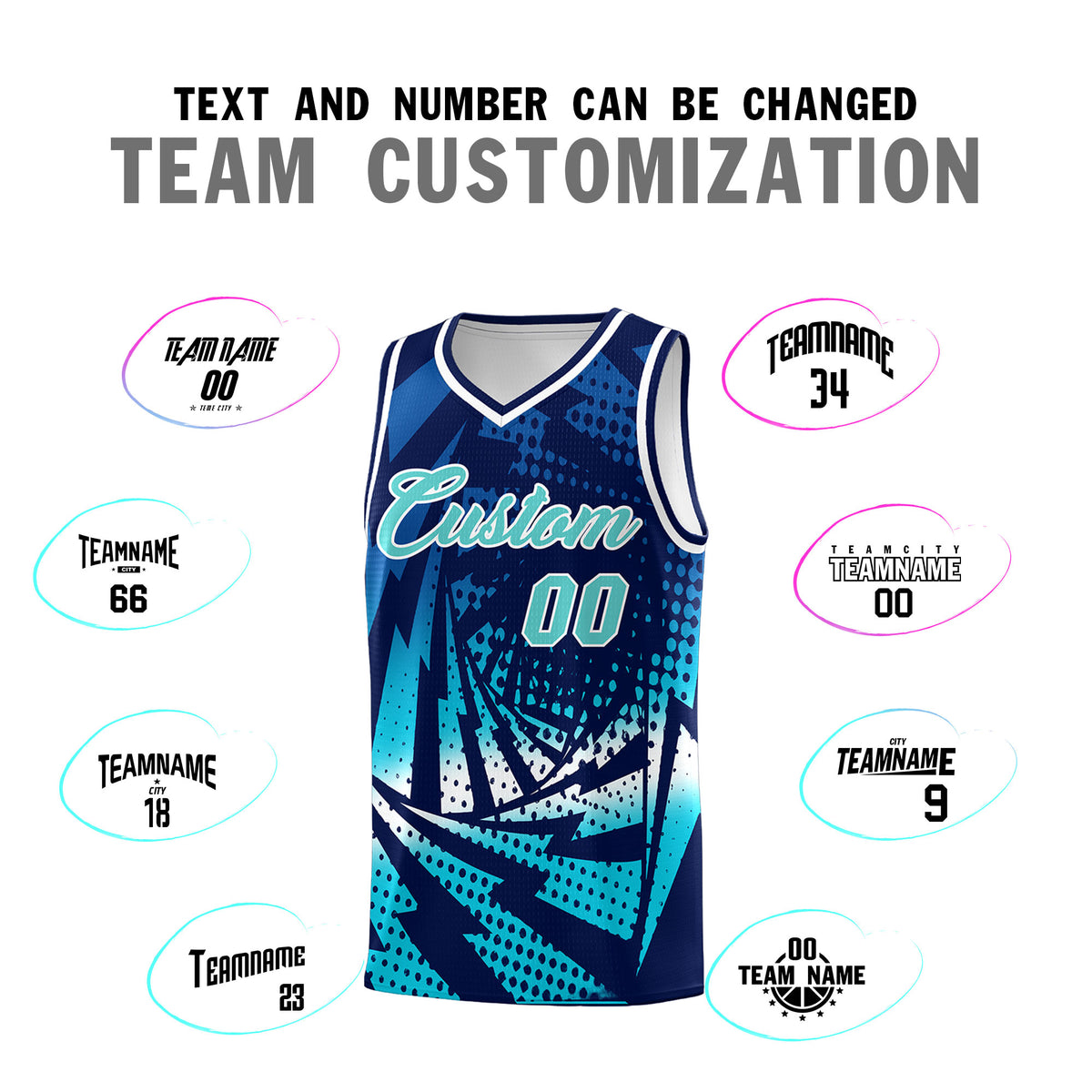 Custom Youth Basketball Jerseys Navy Sky Blue Lightning Halftone Personalized Team Uniforms