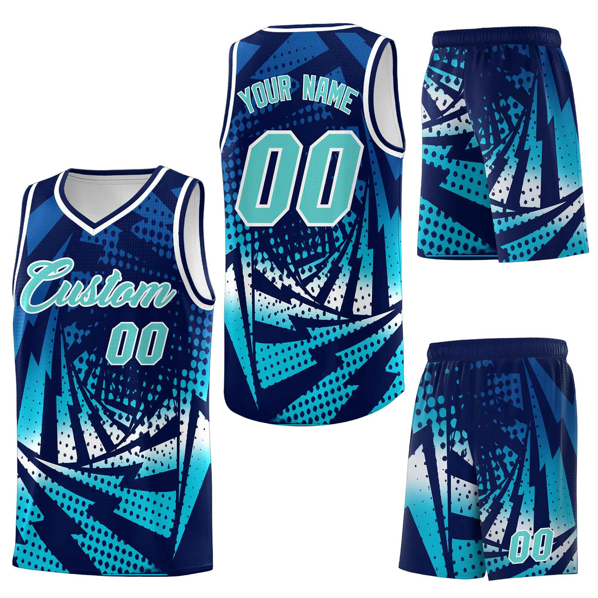 Custom Navy Sky Blue Lightning Halftone Dot Design Wrinkle-Resistant Uniform Basketball Jersey