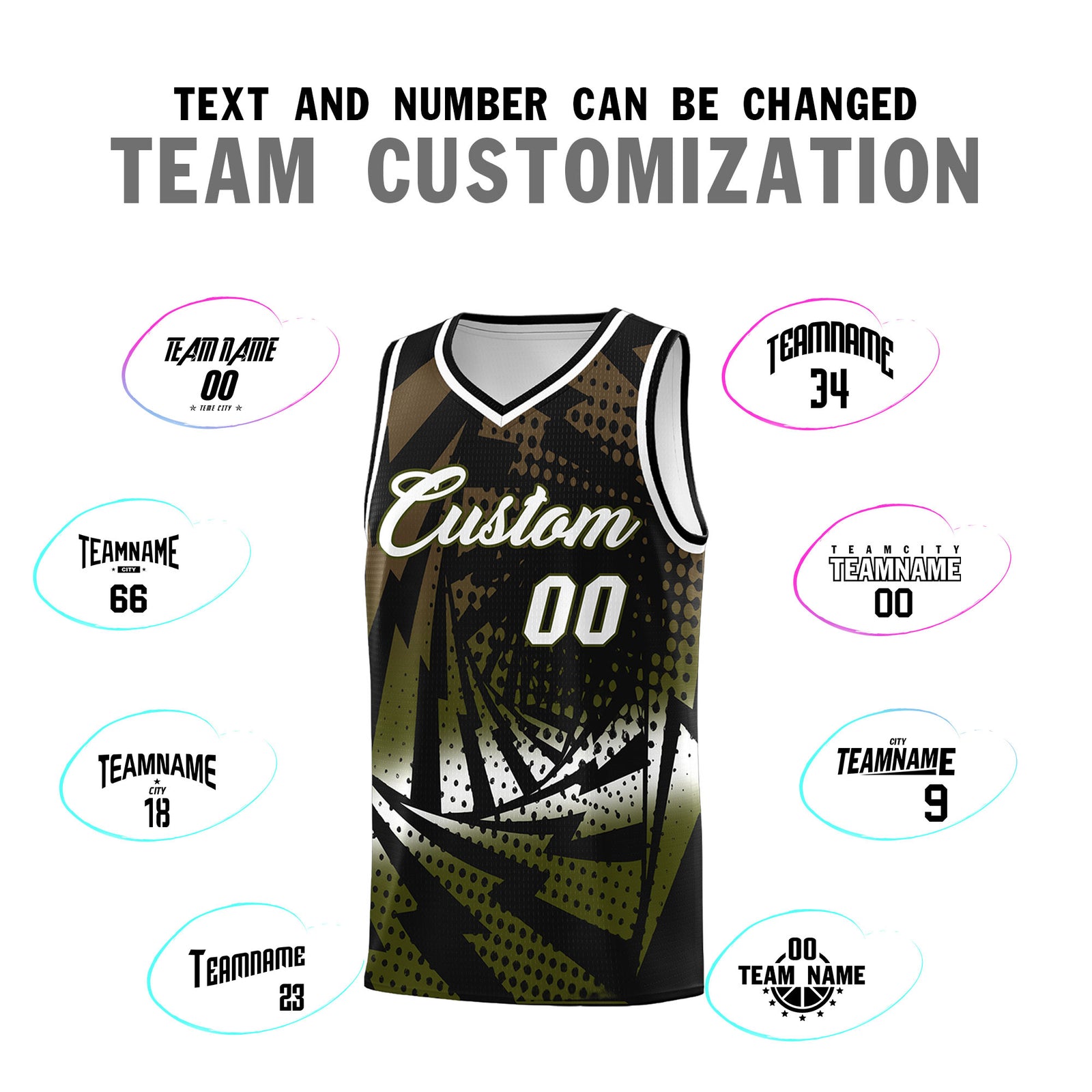 Custom Youth Basketball Jerseys Black Olive Lightning Design Halftone Personalized Uniforms