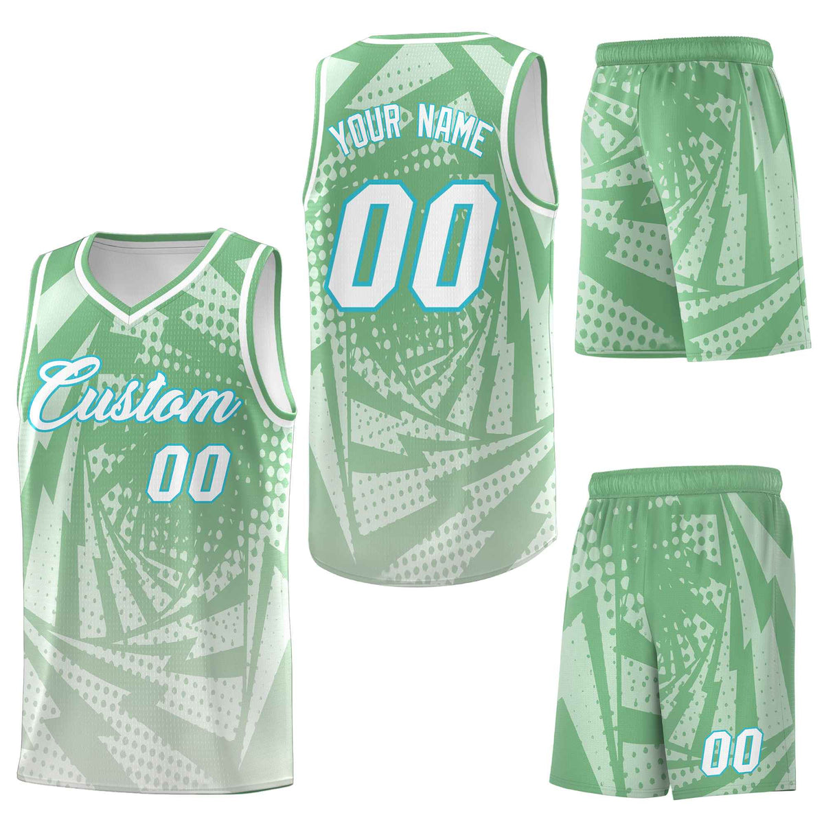 Custom Green Gray Lightning Halftone Dot Design Breathable Uniform Basketball Jersey