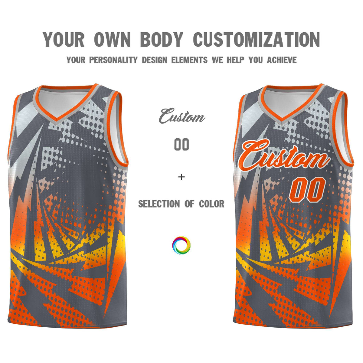 Custom Youth Basketball Jerseys Dark Gray Orange Lightning Design Halftone Personalized Uniforms