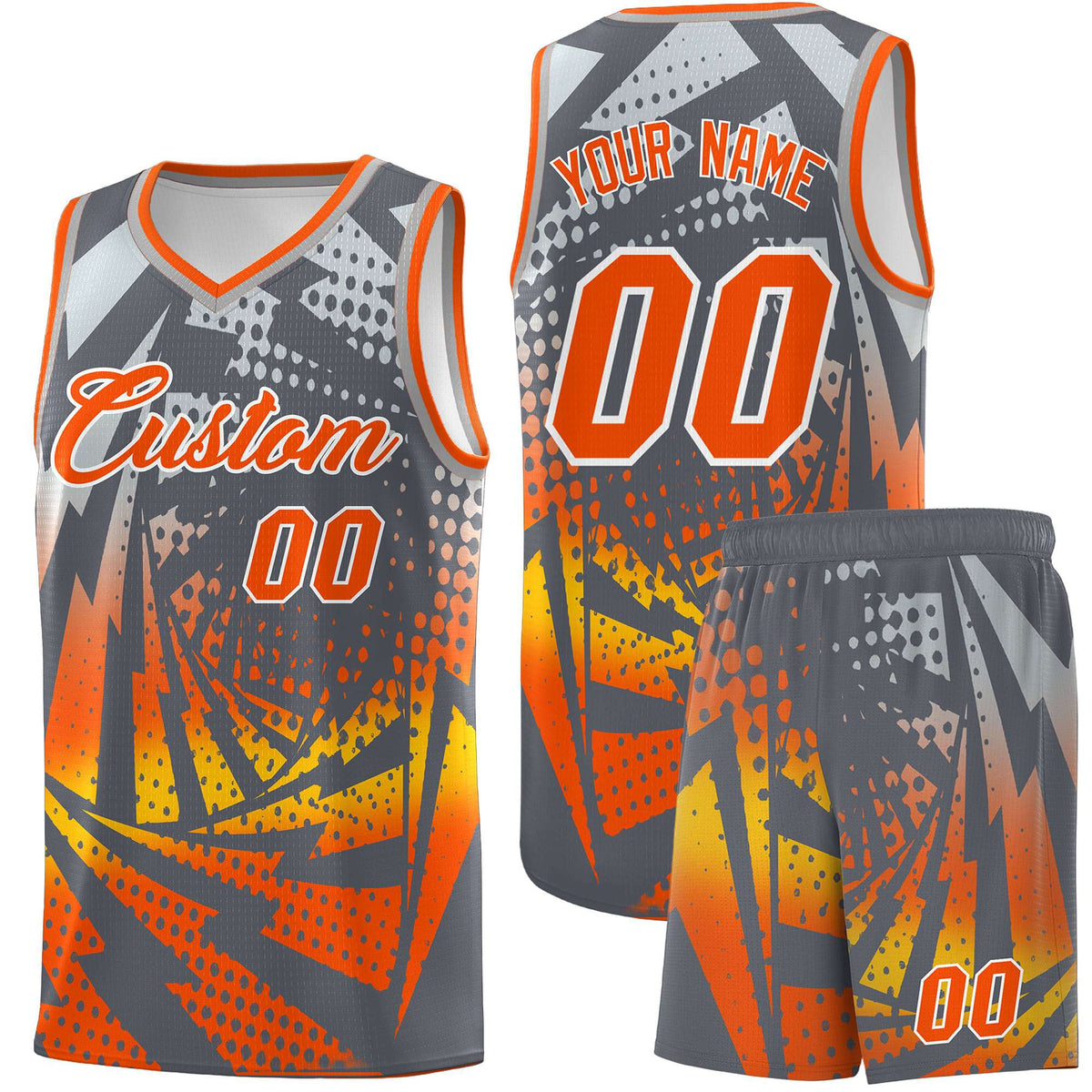 Custom Youth Basketball Jerseys Dark Gray Orange Lightning Design Halftone Personalized Uniforms