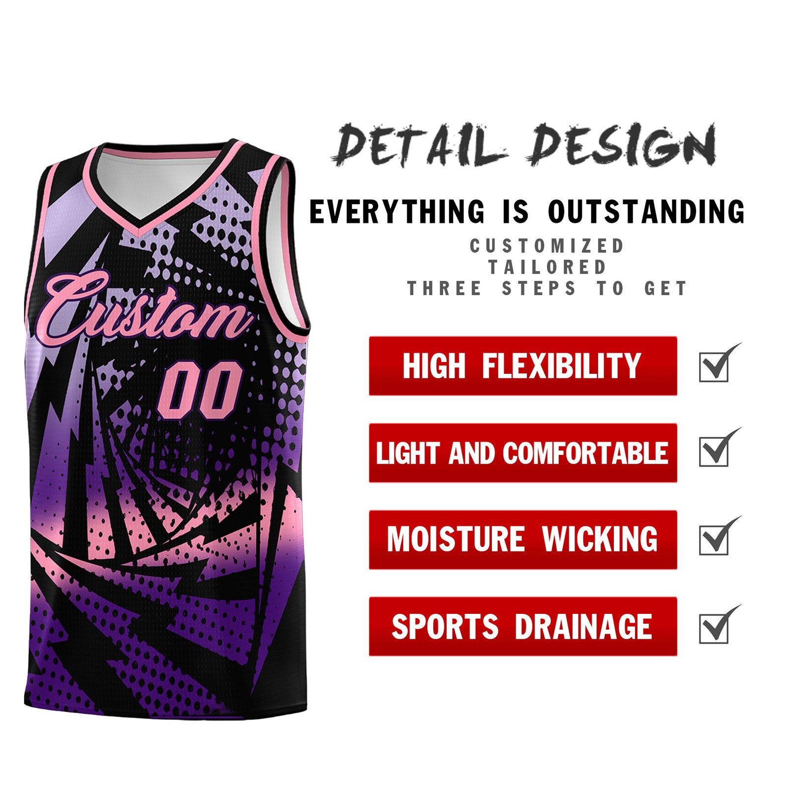 Custom Youth Basketball Jerseys Black Purple Lightning Halftone Personalized Team Uniforms