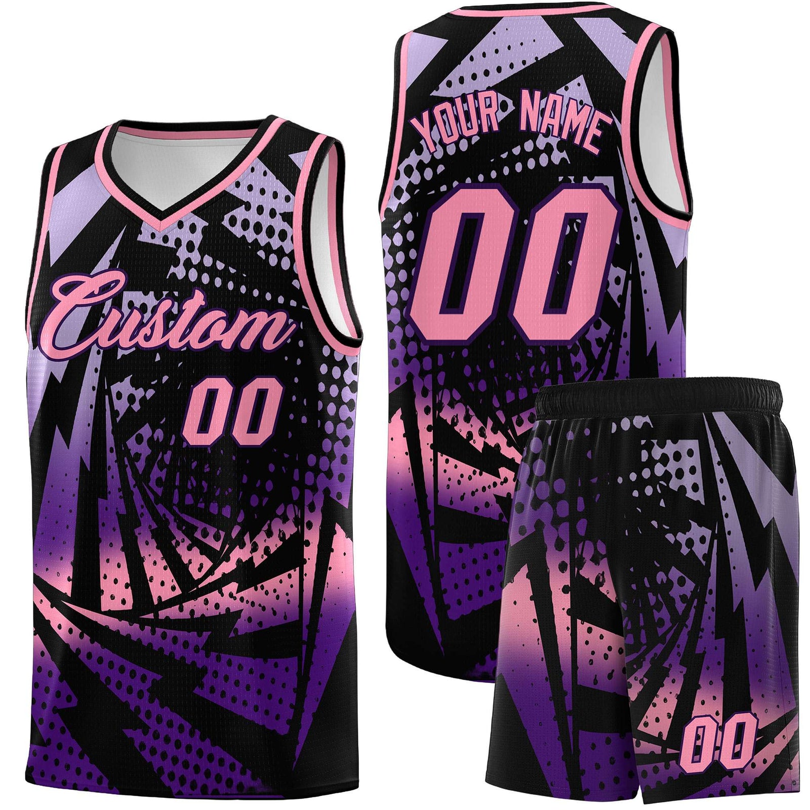Custom Youth Basketball Jerseys Black Purple Lightning Halftone Personalized Team Uniforms