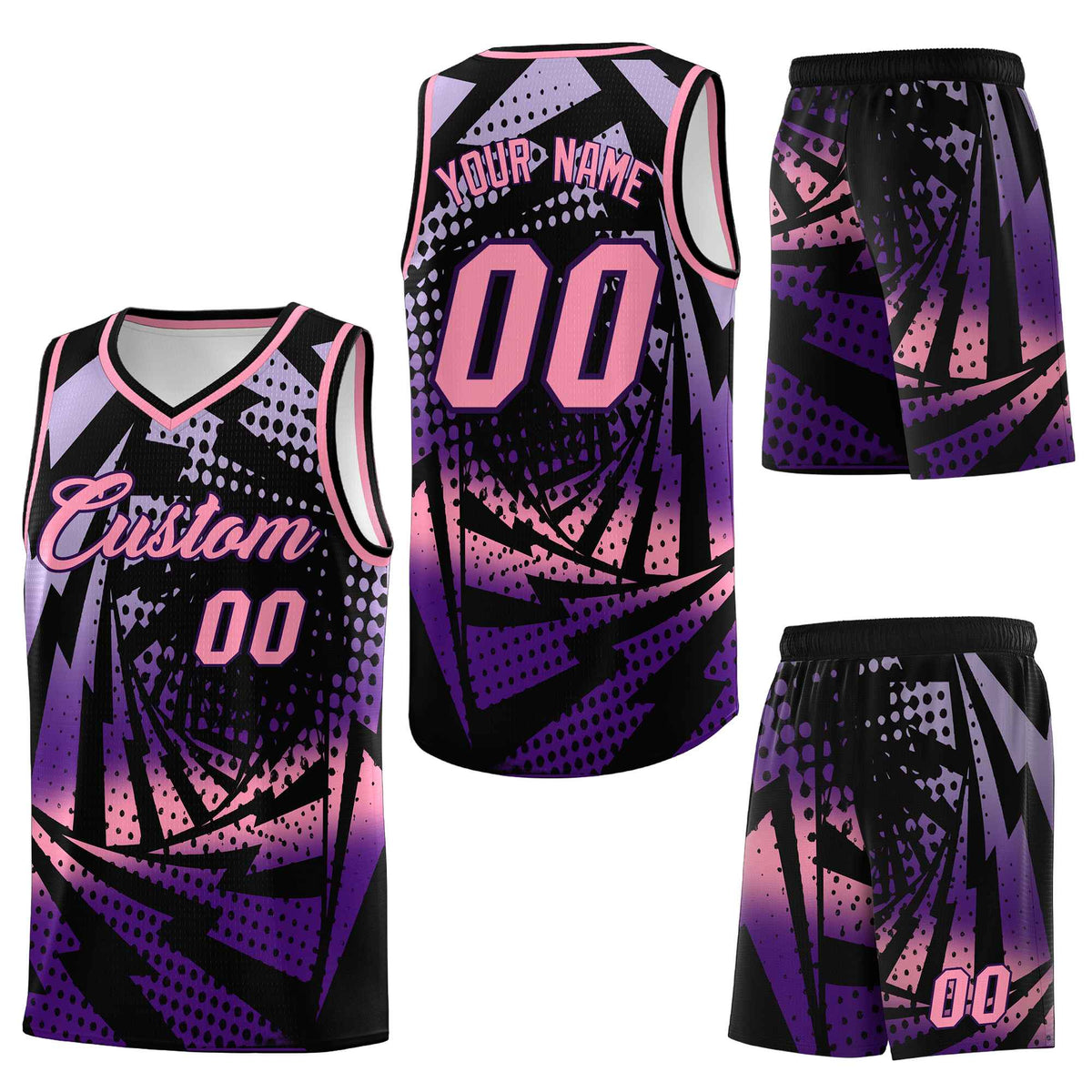 Custom Black Purple Lightning Halftone Dot Design Lightweight Uniform Basketball Jersey