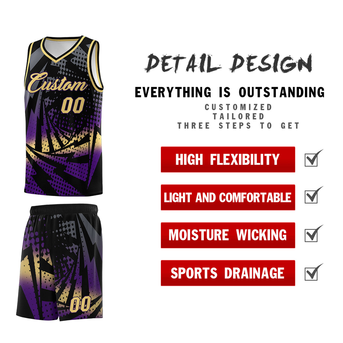 Custom Youth Basketball Jerseys Black Purple Lightning Design Halftone Personalized Uniforms