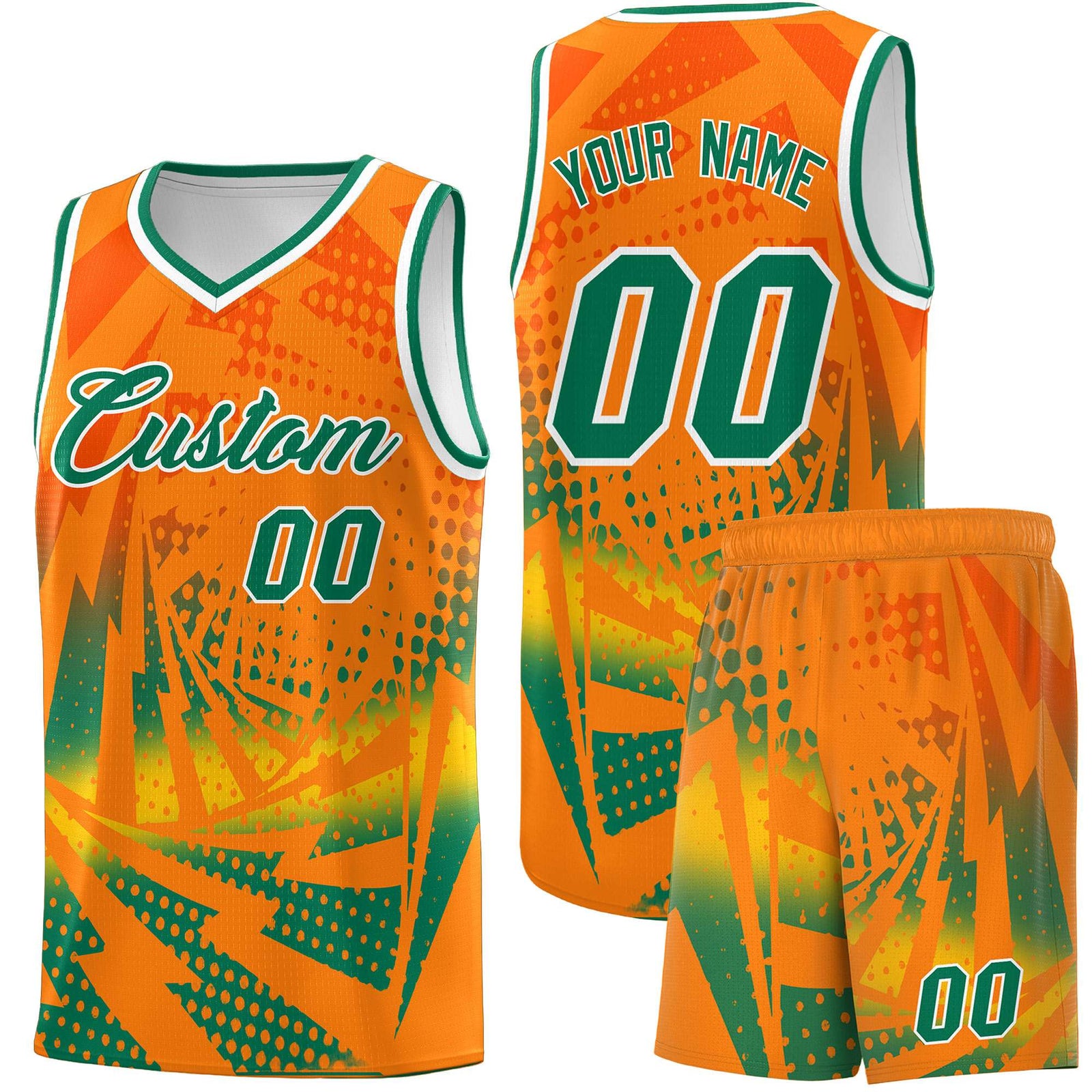 Custom Youth Basketball Jerseys Orange Kelly Green Lightning Design Halftone Personalized Uniforms