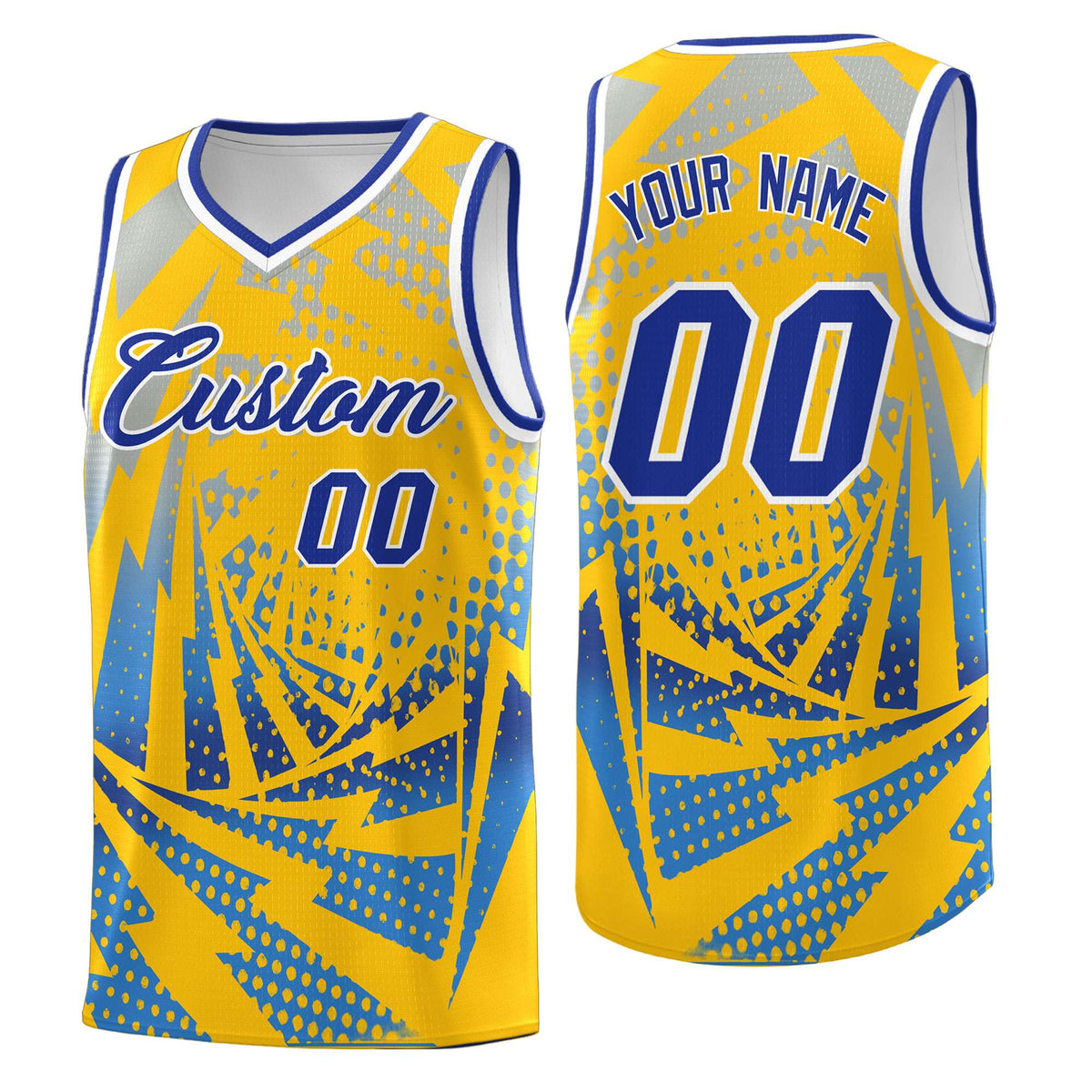 Custom Youth Basketball Jerseys Gold Powder Blue Lightning Halftone Personalized Team Uniforms