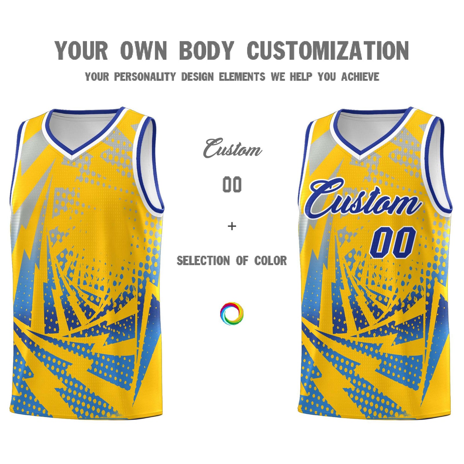 Custom Youth Basketball Jerseys Gold Powder Blue Lightning Halftone Personalized Team Uniforms
