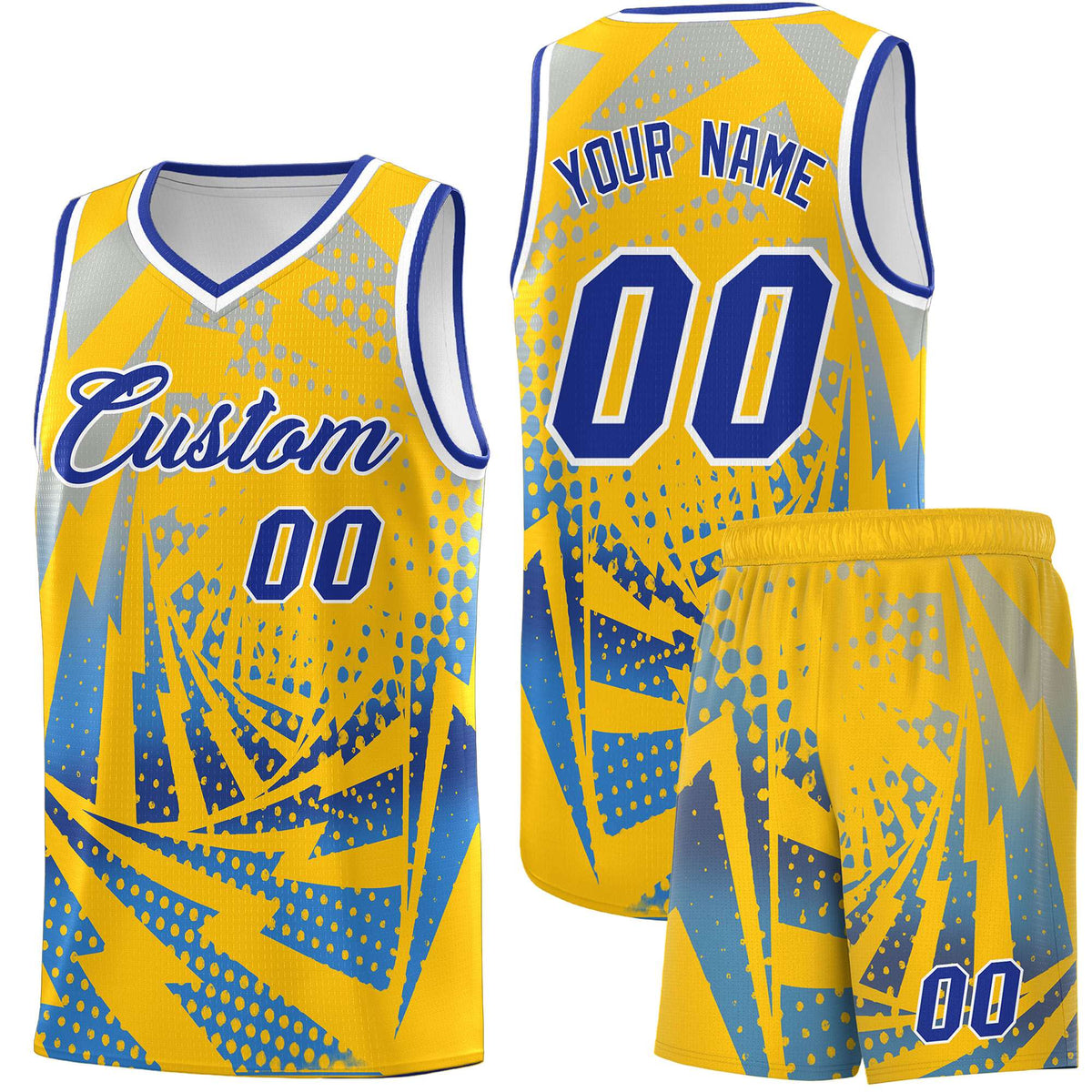 Custom Youth Basketball Jerseys Gold Powder Blue Lightning Halftone Personalized Team Uniforms