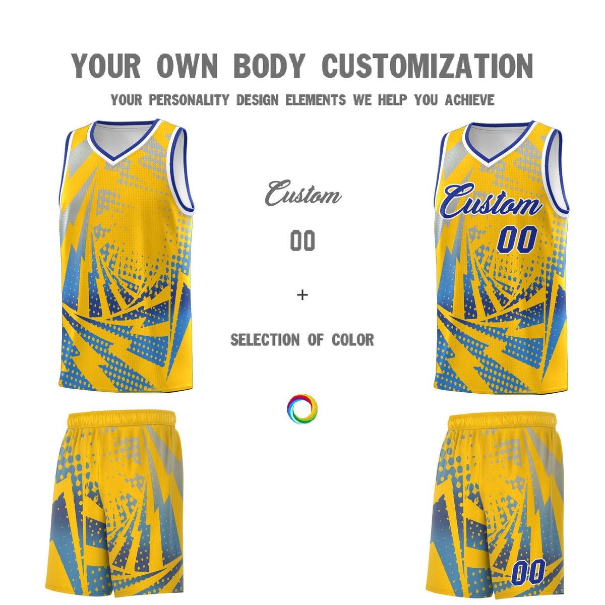 Custom Youth Basketball Jerseys Gold Powder Blue Lightning Halftone Personalized Team Uniforms