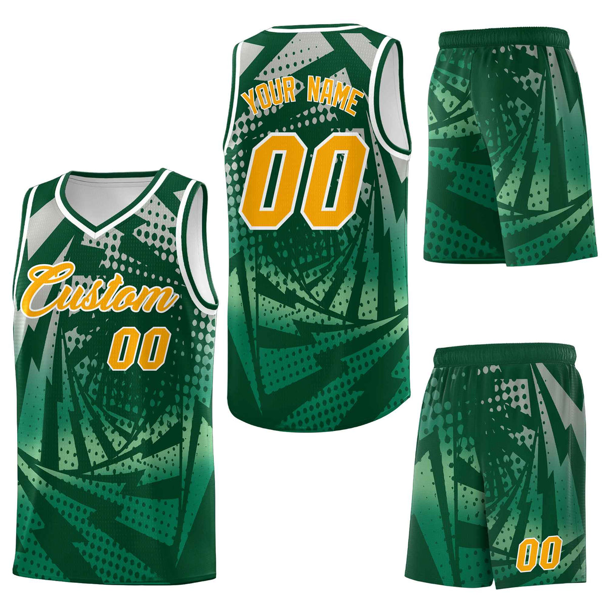 Custom Green Kelly Green Lightning Halftone Dot Design Lightweight Uniform Basketball Jersey
