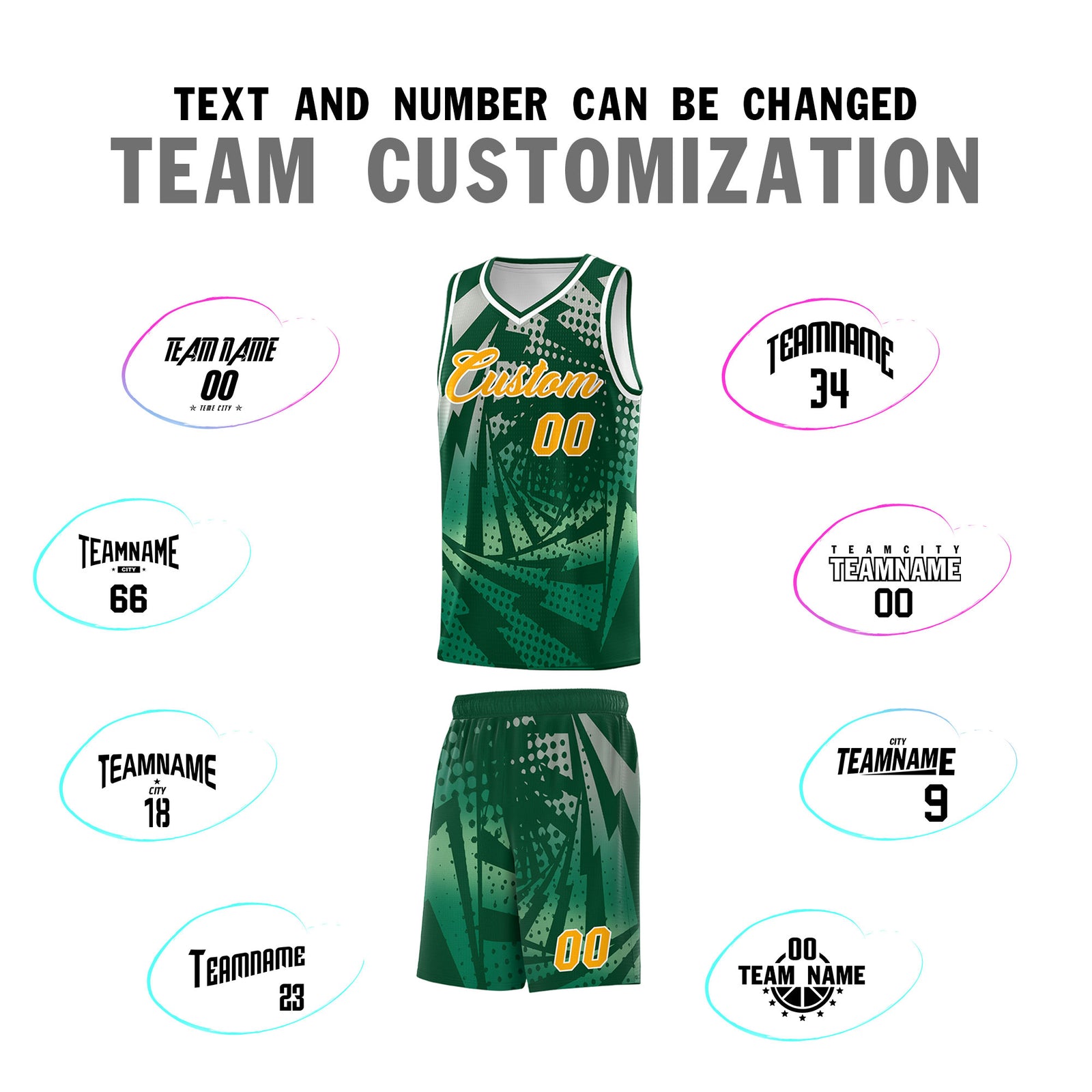 Custom Youth Basketball Jerseys Green Kelly Green Lightning Design Halftone Personalized Uniforms