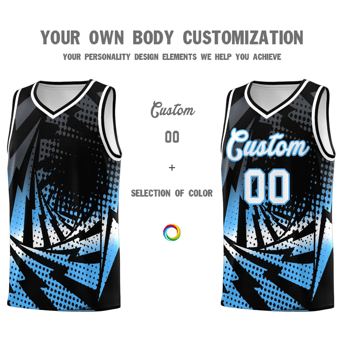 Custom Youth Basketball Jerseys Black Powder Blue Lightning Design Halftone Personalized Uniforms