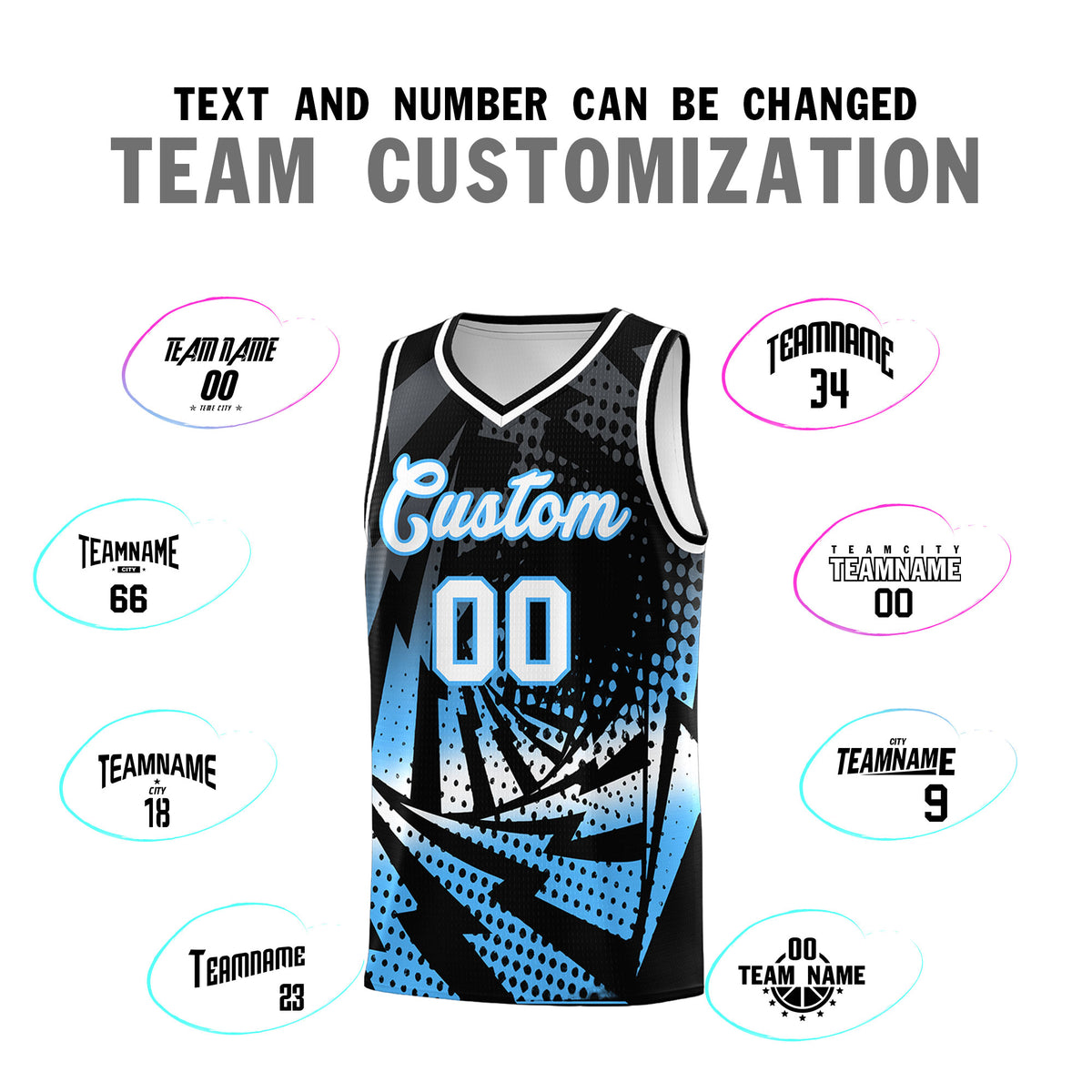 Custom Youth Basketball Jerseys Black Powder Blue Lightning Design Halftone Personalized Uniforms