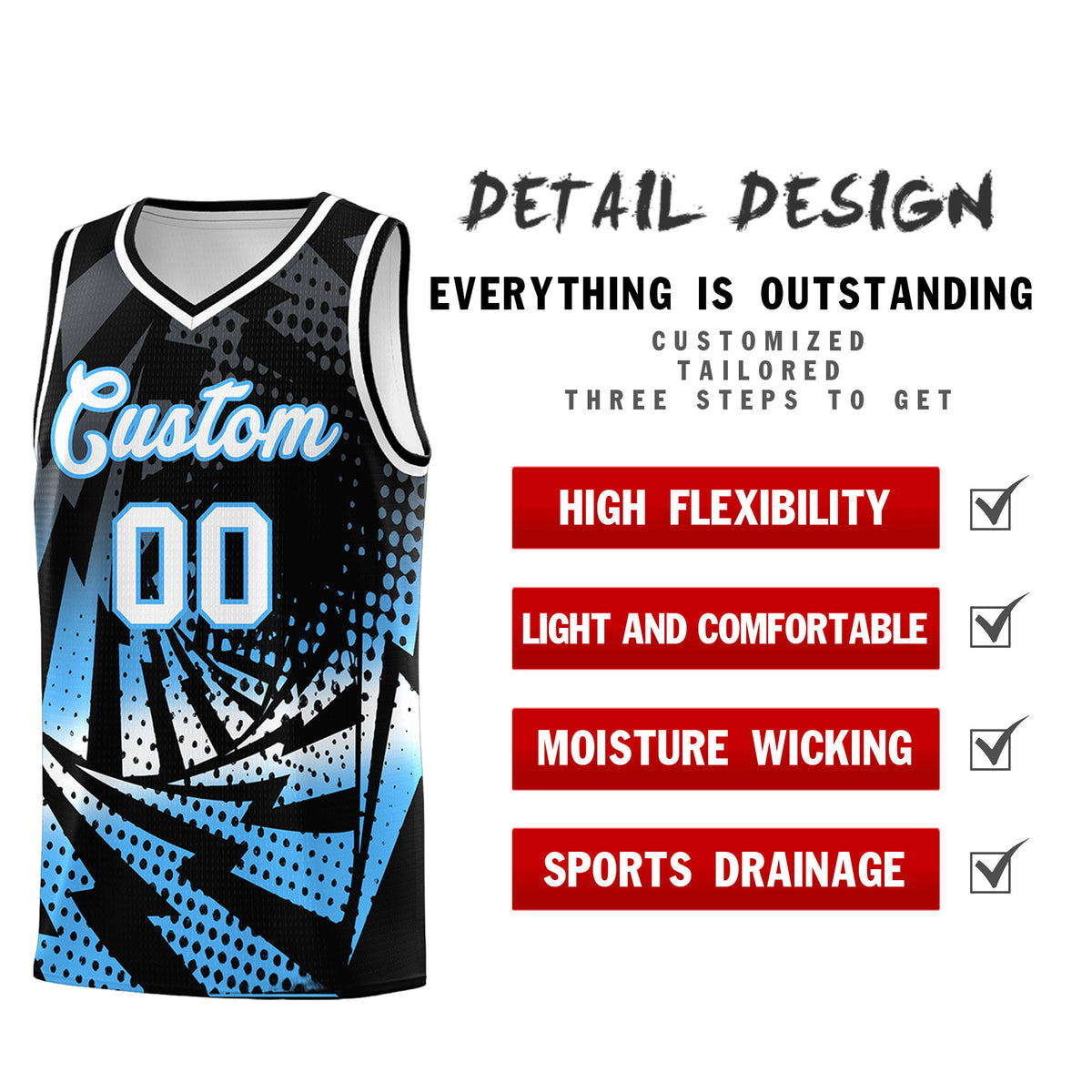 Custom Youth Basketball Jerseys Black Powder Blue Lightning Design Halftone Personalized Uniforms
