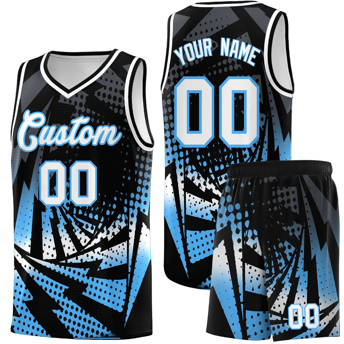 Custom Youth Basketball Jerseys Black Powder Blue Lightning Design Halftone Personalized Uniforms